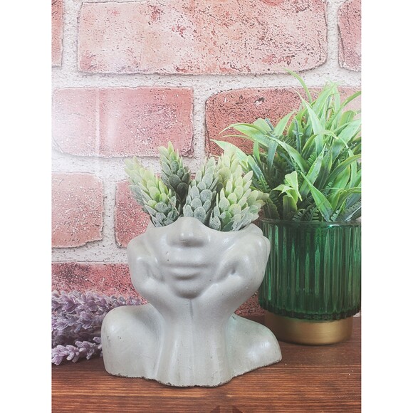 Cement Face Planter Pot, Concrete Persons Upper Body Succulent Planter - Picture 5 of 10